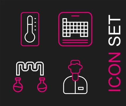 Set line Laboratory assistant, Test tube and flask, Periodic table and Medical Stock Illustration