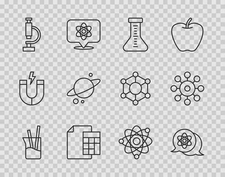 Set line Laboratory glassware, Atom, Test tube, Calculator, Microscope, Plane Illustrazione stock