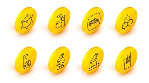 Set line Laboratory glassware, Microscope, Test tube with toxic liquid, Chemical Illustrazione stock