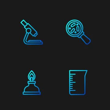 Set line Laboratory glassware or beaker, Alcohol spirit burner, Microscope and Illustrazione stock