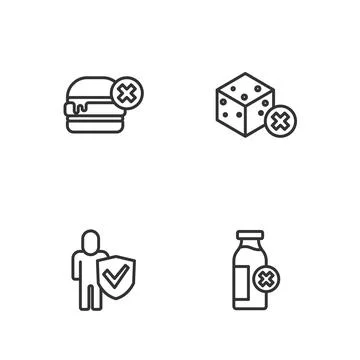 Set line Lactose intolerance, Healthy lifestyle, No burger and sugar free icon 스톡 일러스트