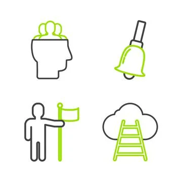 Set line Ladder leading to cloud, Man holding flag, Ringing bell and Project イラスト素材