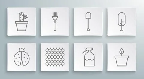 Set line Ladybug, Garden rake, fence wooden, sprayer, Plant in pot, Shovel,.. Illustration
