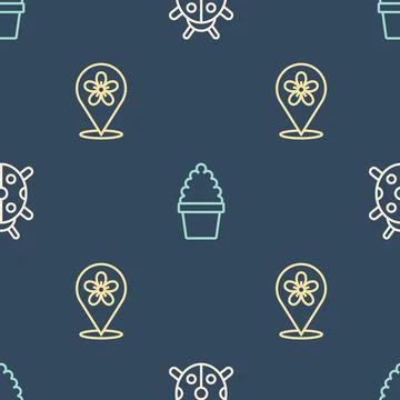 Set line Ladybug, Location with flower and Cactus peyote in pot on seamless Stock Illustration