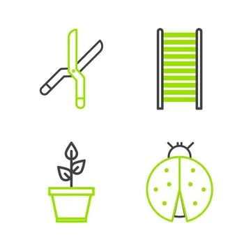 Set line Ladybug, Plant in pot, Wooden staircase and Gardening handmade sci.. Stock Illustration
