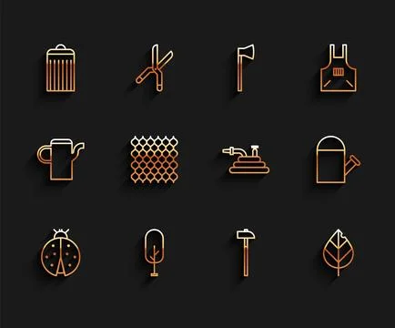 Set line Ladybug, Tree, Trash can, Hammer, Leaf, Garden fence wooden, Water.. Stock Illustration