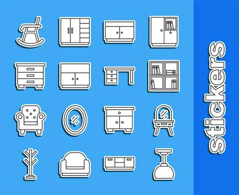 Set line Lamp hanging, Dressing table, Shelf with books, Chest of drawers Stock Illustration