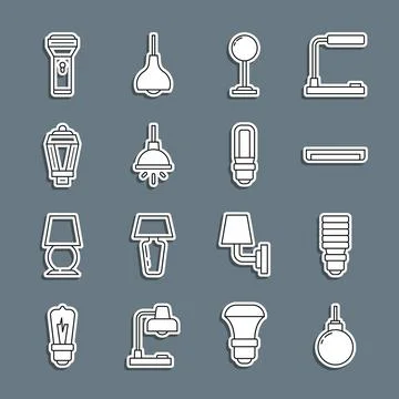 Set line Lamp hanging, LED light bulb, Fluorescent lamp, Floor, Chandelier Stock Illustration