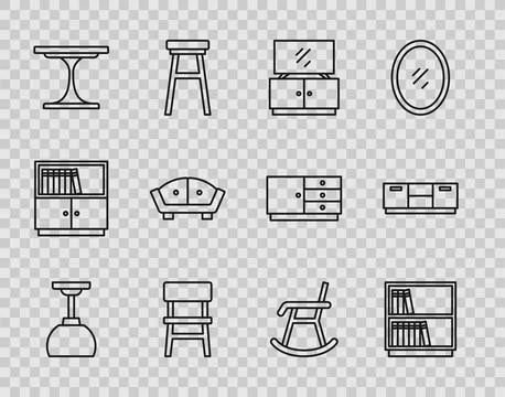 Set line Lamp hanging, Library bookshelf, TV table stand, Chair, Round, Sof.. Stock Illustration