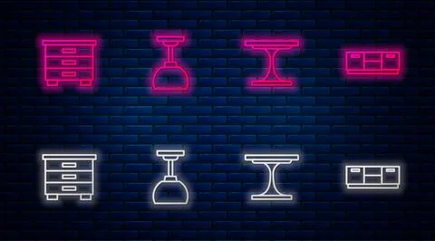 Set line Lamp hanging, Round table, Furniture nightstand and . Glowing neon icon Illustrazione stock