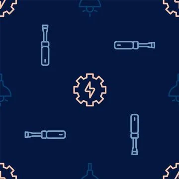 Set line Lamp hanging, Screwdriver and Gear and lightning on seamless pattern イラスト素材