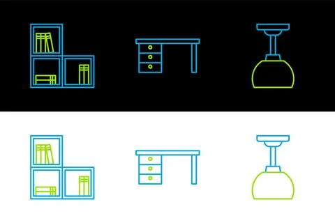 Set line Lamp hanging, Shelf with books and Office desk icon. Vector Stock Illustration