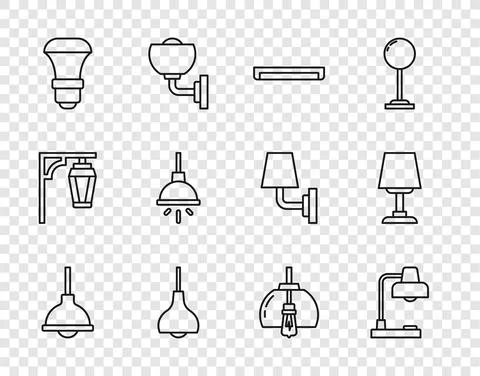 Set line Lamp hanging, Table lamp, Fluorescent, LED light bulb, Chandelier, and Stock Illustration