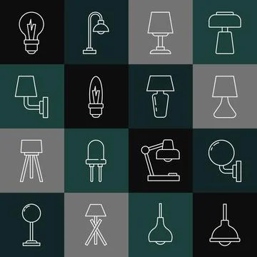 Set line Lamp hanging, Wall lamp or sconce, Table, Light bulb, and icon. Vector Stock Illustration