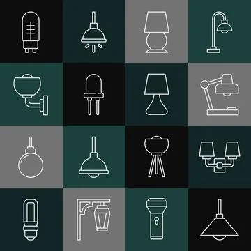 Set line Lamp hanging, Wall lamp or sconce, Table, Light emitting diode, and Stock Illustration