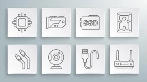 Set line LAN cable network internet, Video graphic card, Web camera, USB cord Illustrazione stock