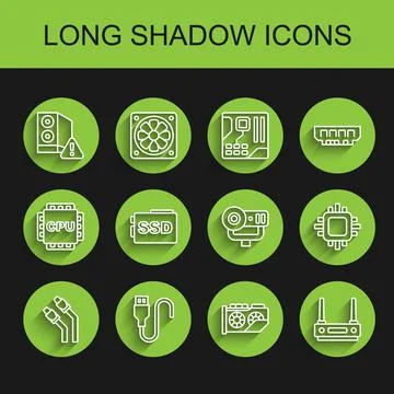 Set line LAN cable network internet, USB cord, Case of computer, Video graphic Illustrazione stock