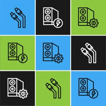 Set line LAN cable network internet, Case of computer and icon. Vector Illustrazione stock