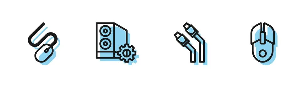 Set line LAN cable network internet, Computer mouse, Case of computer and  ic 스톡 일러스트