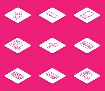 Set line LAN cable network internet, Laptop, Optical disc drive, Case of comp Stock Illustration