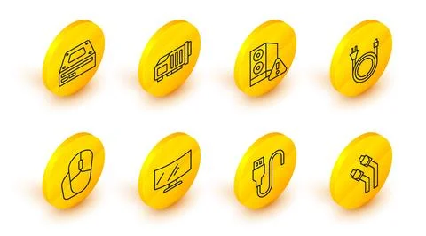 Set line LAN cable network internet, USB cord, Computer monitor screen, mouse 스톡 일러스트