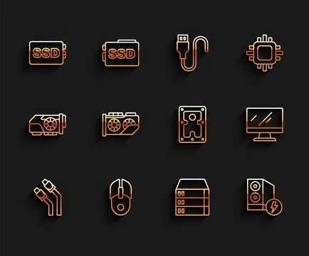 Set line LAN cable network internet, Computer mouse, SSD card, Server, Data, Web Illustrazione stock