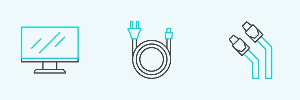 Set line LAN cable network internet, Computer monitor screen and Electric plug Illustrazione stock