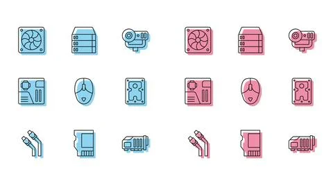 Set line LAN cable network internet, SD card, Computer cooler, Video graphic Illustrazione stock