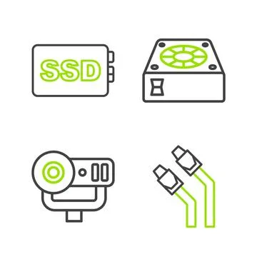 Set line LAN cable network internet, Web camera, Computer cooler and SSD ca.. Stock Illustration