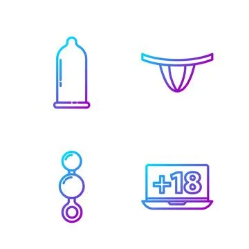 Set line Laptop with 18 plus content, Anal beads, Condom and Woman panties Stock Illustration