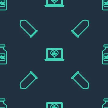 Set line Laptop with 18 plus content, Condom safe sex and Bottle pills for Illustrazione stock