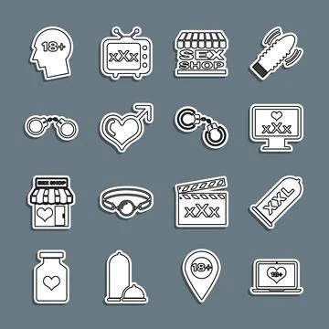 Set line Laptop with 18 plus content, Condom safe sex, Monitor, Sex shop Stock-Illustration
