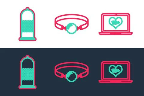 Set line Laptop with 18 plus content, Condom safe sex and Silicone ball gag icon Stock-Illustration