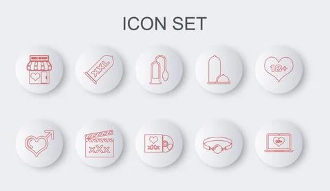 Set line Laptop with 18 plus content, Male gender and heart, Penis pump 스톡 일러스트