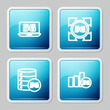 Set line Laptop with 5G network, , Server and icon. Vector Illustrazione stock