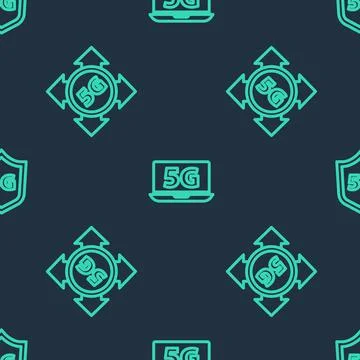 Set line Laptop with 5G network, and Protective shield on seamless pattern Stock Illustration