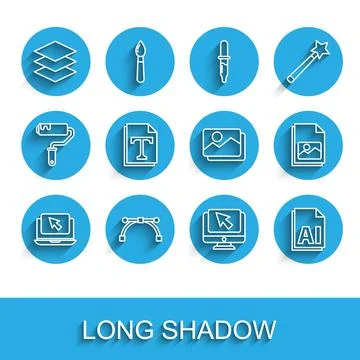 Set line Laptop and cursor, Bezier curve, Layers, Computer monitor, AI file Stock Illustration