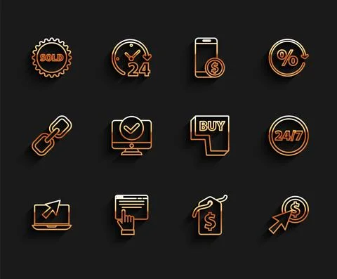 Set line Laptop and cursor, Online shopping on screen, Sold label, Price tag Illustrazione stock