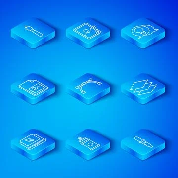Set line Laptop and cursor, Bezier curve, Paint spray can, Layers, Light bu.. Stock Illustration