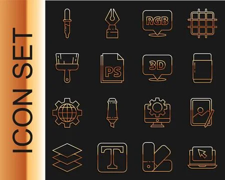 Set line Laptop and cursor, Graphic tablet, Eraser rubber, Speech bubble wi.. Stock Illustration