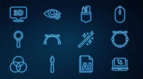 Set line Laptop and cursor, Circle with Bezier curve, Crossed ruler pencil,.. Stock Illustration