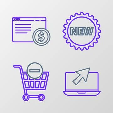 Set line Laptop and cursor, Remove shopping cart, Price tag with New and On.. 库存插图