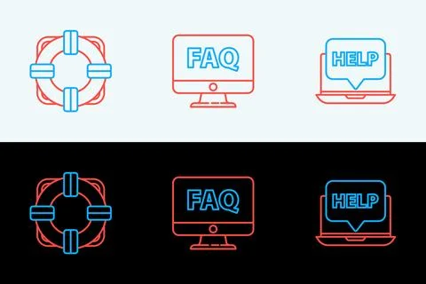 Set line Laptop and help, Lifebuoy and Computer monitor FAQ icon. Vector Illustrazione stock