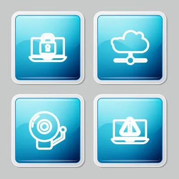 Set line Laptop and lock, Network cloud connection, Ringing alarm bell and with Illustrazione stock