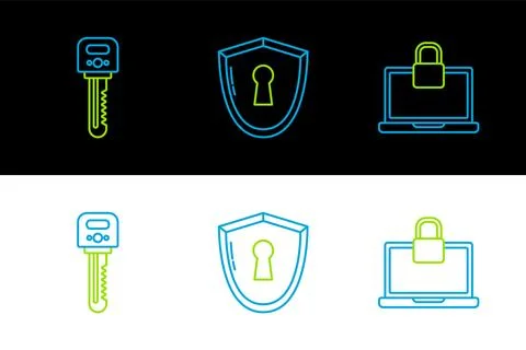 Set line Laptop and lock, Key and Shield with keyhole icon. Vector 库存插图