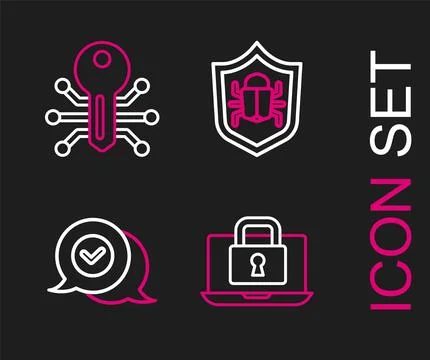 Set line Laptop and lock, Check mark in speech bubble, System bug and Smart key Stock-Illustration