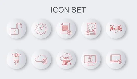 Set line Laptop and lock, Scooter, Document, Lock on monitor, Open padlock, Time Illustrazione stock