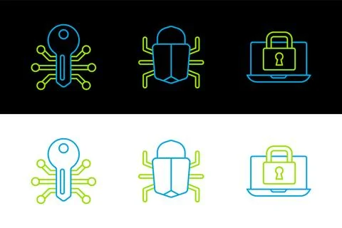 Set line Laptop and lock, Smart key and System bug icon. Vector Stock Illustration