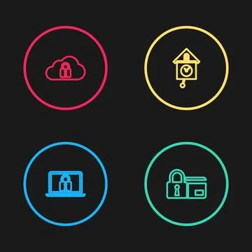 Set line Laptop and lock, Credit card with, Retro wall watch and Cloud computing Ilustración de archivo