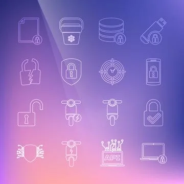 Set line Laptop and lock, Lock check mark, Smartphone with, Server security Stockillustratie